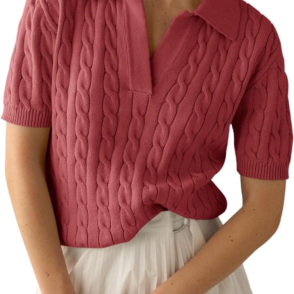 Cable Knit Short Sleeve Polo Sweater (Red) (XL)